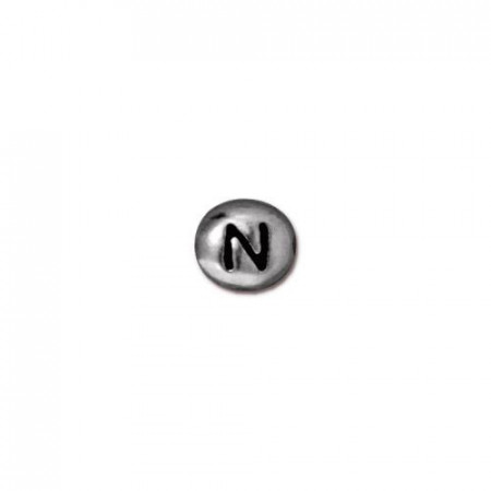 Бусина металлическая, двусторонняя с буквой английского алфавита N, родий, 6мм