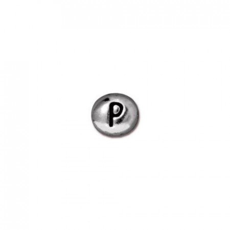 Бусина металлическая, двусторонняя с буквой английского алфавита P, родий, 6мм
