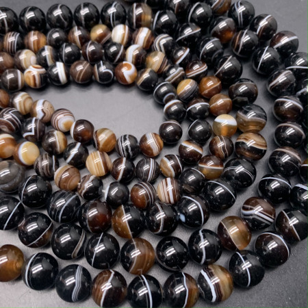 Каменные бусины, Агат, люкс, чёрно-коричневый, с полосками, шарик, гладкий, 10 мм, длина нити 38 см