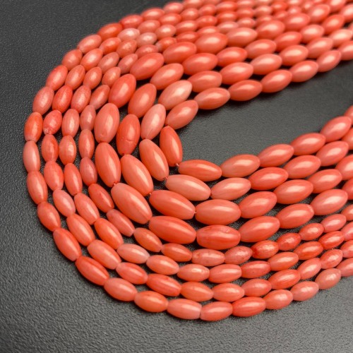 Каменные бусины, Коралл, рис, розовый, тонированный, 9х5 мм, длина нити 38 см