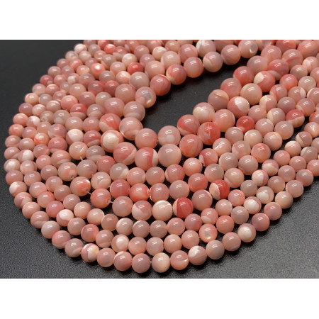 Каменные бусины, Перламутр розовый, тонированный, шарик гладкий, 6-6,5 мм, длина нити 38 см