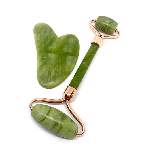 Набор  из темного нефрита. Роллер-массажер + скребок для массажа Гуаша, 145 x 55 x 20 мм