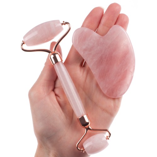 Набор  из розового кварца. Роллер-массажер + скребок "Сердце" для массажа Гуаша, 145 x 60 x 20 мм