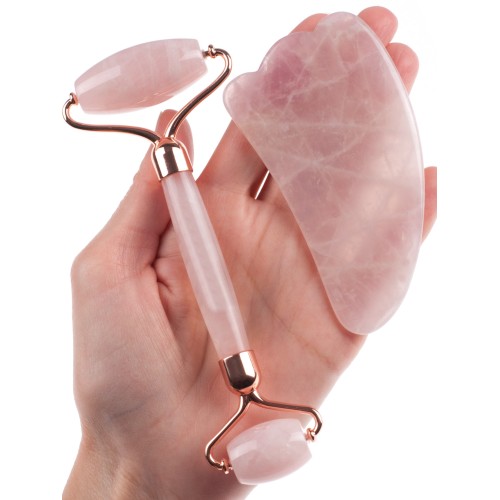Набор  из розового кварца, Роллер-массажер + скребок "Лапка" для массажа Гуаша, 145 x 55 x 20 мм
