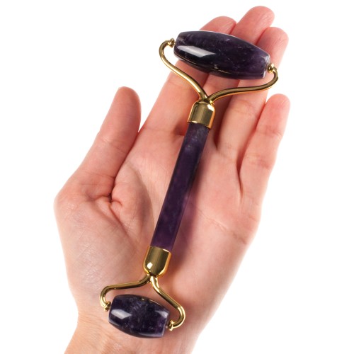 Роллер из аметиста с золотистой фурнитурой люкс, А класс, 145 x 55 x 20 мм