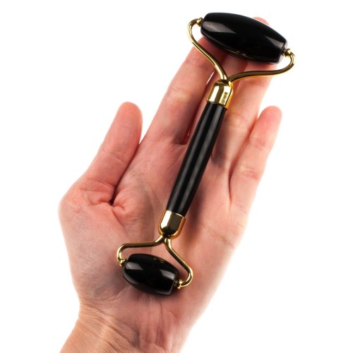 Роллер из черного обсидиана с золотистой фурнитурой люкс, А класс, 145 x 55 x 20 мм