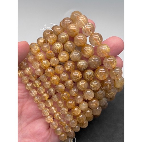 Каменные бусины, Рутиловый кварц, золотой, шарик гладкий, 6,8 мм, длина нити 19 см