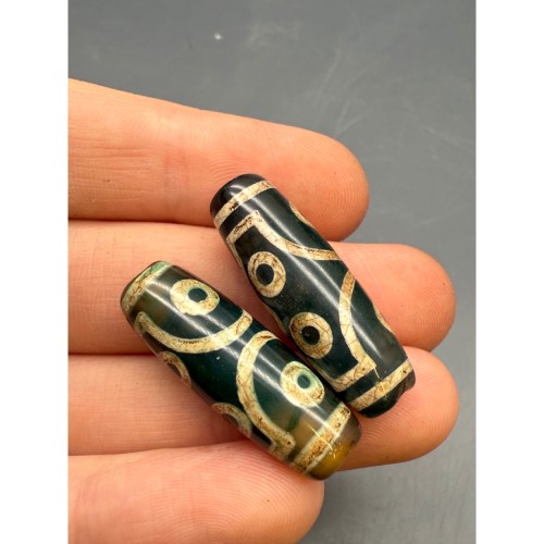 Бусина Дзи "3", 7 глаз, Агат, зелёный, тонированный, состаренный, кракле, размер 29х10 мм, цена за 1 шт