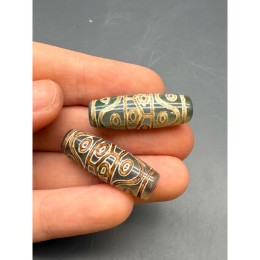 Бусина Дзи "554", 14 глаз , Агат, зелёный, тонированный, состаренный, кракле, 29х10 мм, цена за 1 бусину