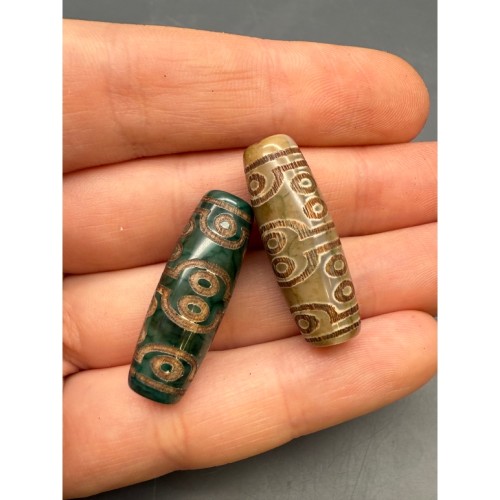 Бусина Дзи "566", 16 глаз , Агат, зелёный, тонированный, состаренный, кракле, 29х10 мм, цена за 1 бусину