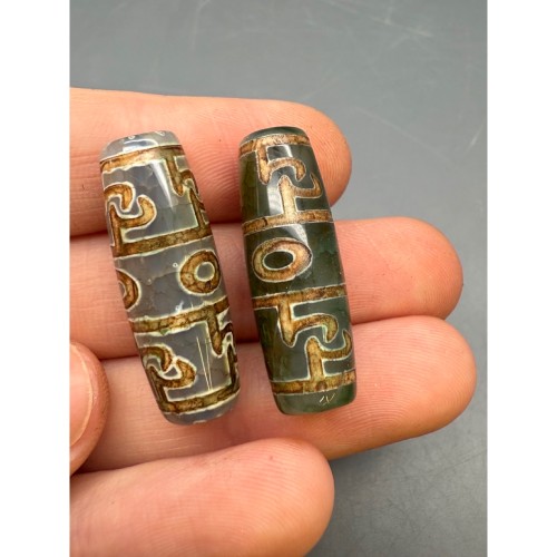 Бусина Дзи "595", Пурба, Агат, зелёный, тонированный, состаренный, кракле, 29х10 мм, цена за 1 бусину