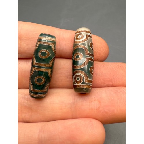 Бусина Дзи "755" , 10 глаз, Агат, зелёный, тонированный, состаренный, кракле, 29х10 мм, цена за 1 бусину