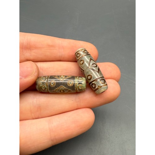 Бусина Дзи "756", 19 глаз, Агат, зелёный, тонированный, состаренный, кракле, 29х10 мм, цена за 1 бусину