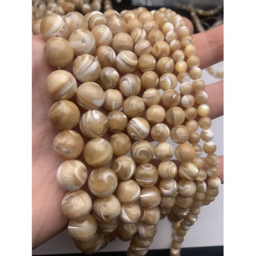 Каменные бусины, Перламутр бежевый, тонированный, шарик гладкий, 14 мм, длина нити 19 см, 14 бусин