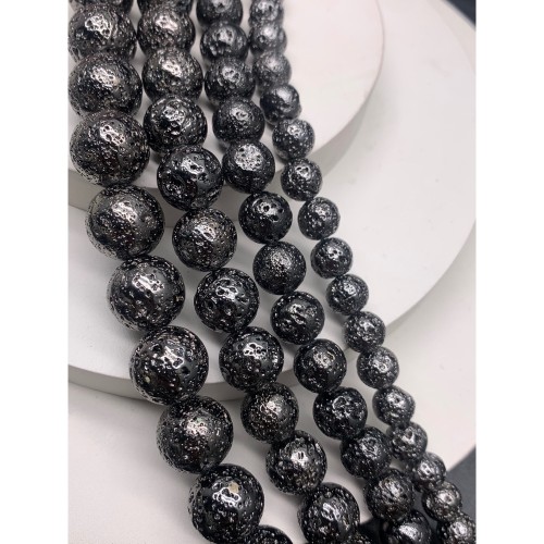 Каменные бусины, Вулканическая лава металлизированная, цвет тёмное серебро, 8 мм, длина нити 38 см