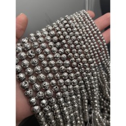 Каменные бусины, Вулканическая лава металлизированная, цвет серебро, 4 мм, длина нити 38 см
