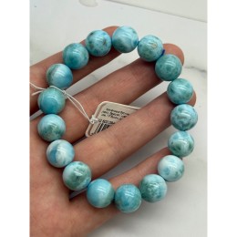 Каменные бусины, Ларимар, люкс, браслет, шарик гладкий, 13 мм, 17 бусин, длина нити 19 см