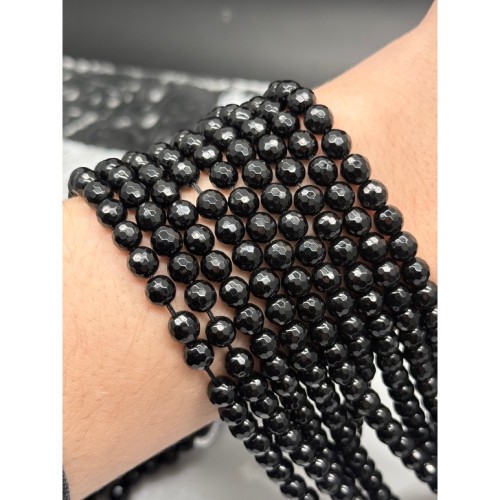 Каменные бусины, Агат, чёрный, шарик огранка, 5,8-6 мм, длина нити 38 см