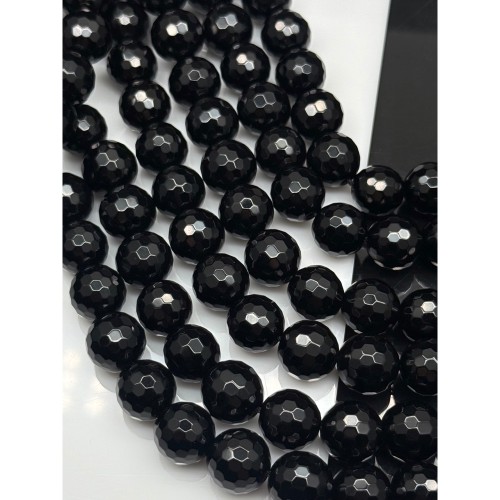 Каменные бусины, Агат, чёрный, шарик огранка, 12 мм, длина нити 38 см
