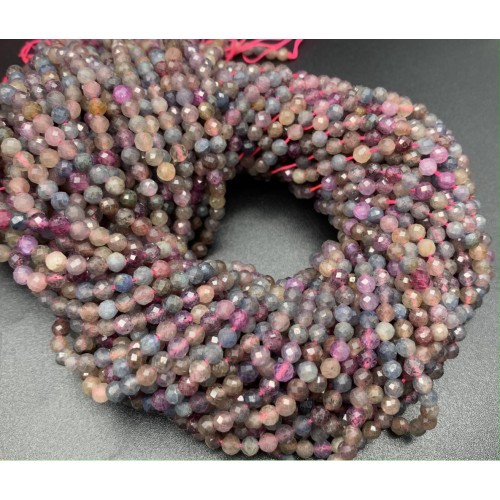 Каменные бусины, Микс Корундов, (Сапфир, Рубин, Падпараджа, Наждак), люкс, шарик огранка, 4 мм, нить 38 см