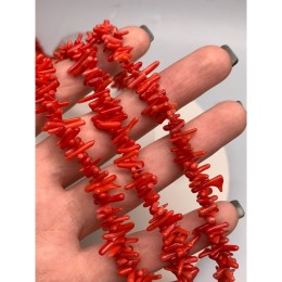 Каменные бусины, Коралл, красный, тонированный, Фриформы, Палочки, 11х2,5 мм, длина нити 38 см