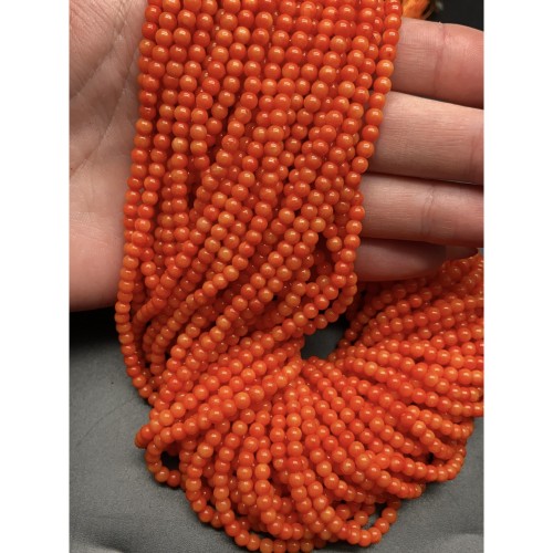Каменные бусины, Коралл, оранжевый, тонированный, шарик гладкий, 3 мм, длина нити 38 см