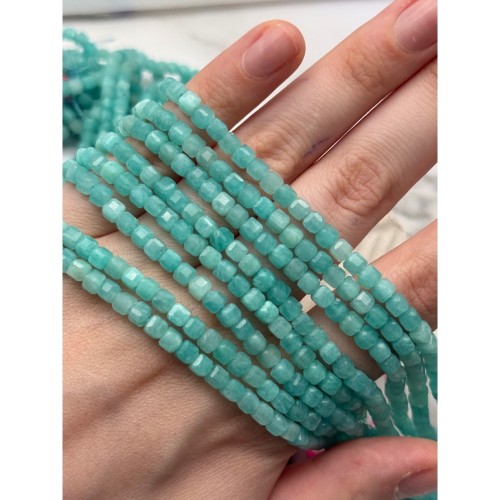 Каменные бусины, Амазонит, люкс, кубик, зеркальная огранка, 4,5 мм, длина нити 39 см