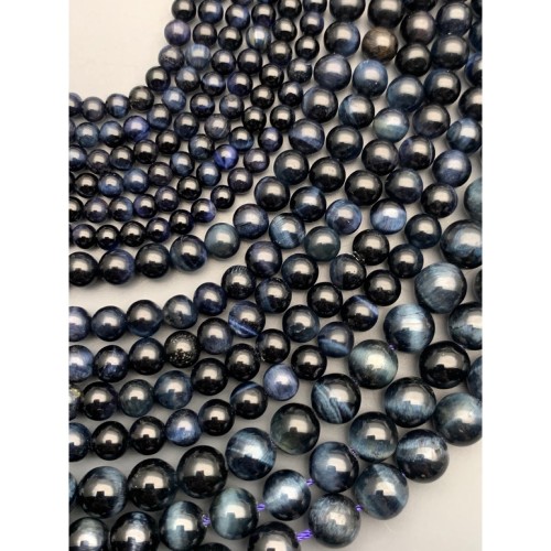 Каменные бусины, Тигрово-соколиный глаз, синий, тонированный, шарик гладкий, 6 мм, длина нити 38 см