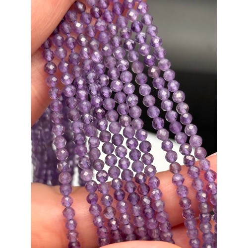 Каменные бусины, Аметист, шарик, огранка, 3 мм, длина нити 39 см