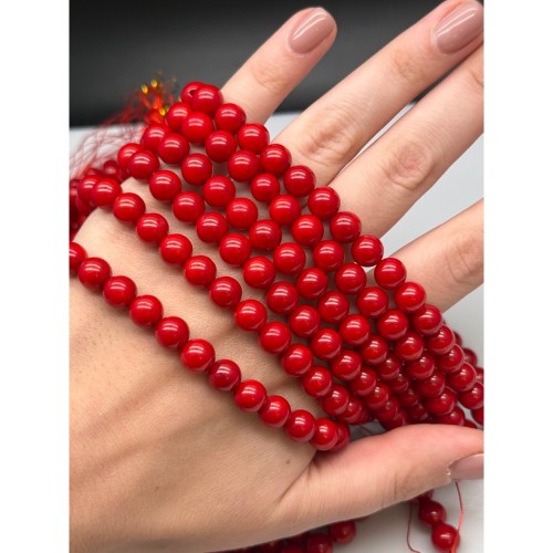 Каменные бусины, Коралл, красный, тонированный, шарик гладкий, 8-8,5 мм, длина нити 40 см