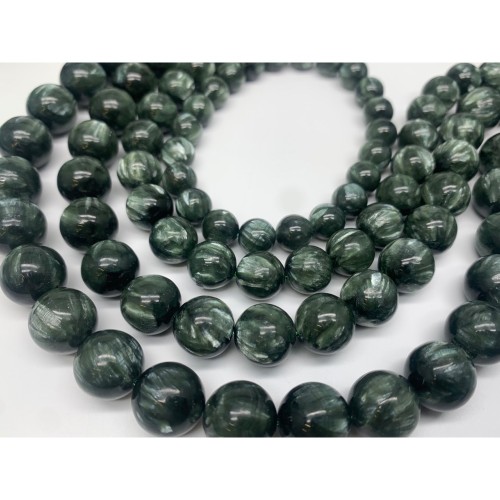 Каменные бусины, Серафинит, Клинохлор, люкс, шарик гладкий, размер 12 мм, длина нити 19 см