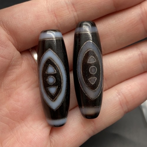 Бусина Дзи "282", 2 глаза Феникса, из агата, с инкрустацией серебра, 38х12 мм, цена за 1 шт