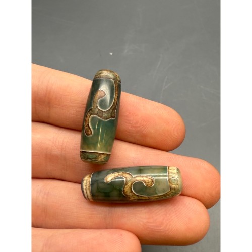 Бусина Дзи "354", Зеленая тара, Агат, зелёный, тонированный, состаренный, кракле, 29х10 мм, цена за 1 бусину