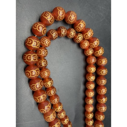 Каменные бусины, Сердолик (Карнеол), Мантры, китайские монеты (символ богатства), 8 мм, длина нити 38 см
