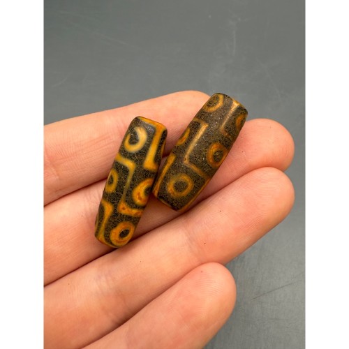 Бусина Дзи "327", 9 глаз, Агат, тонированный, матовый, состаренный, 29х11 мм, цена за 1 бусину