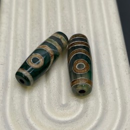 Бусина Дзи "332", 2 глаза Дракона, Агат, зелёный, тонированный, состаренный, кракле, 30х10 мм, цена за 1 шт.