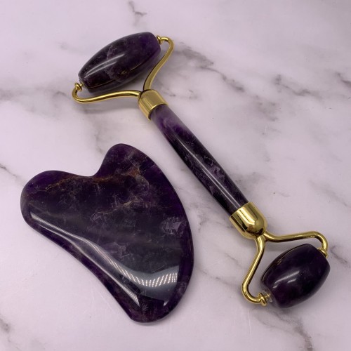 Набор из аметиста, Роллер-массажер + скребок "Сердце" для массажа Гуаша, люкс, 145 x 55 x 20 мм