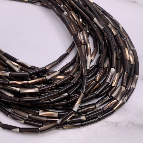 Каменные бусины, Перламутр шоколадный, тонированный, столбики (трубочки), 13х4 мм, длина нити 38 см