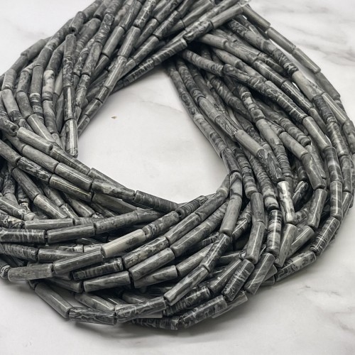 Каменные бусины, Яшма картографическая, Доломит, трубочки, 13х4 мм, длина нити 38 см