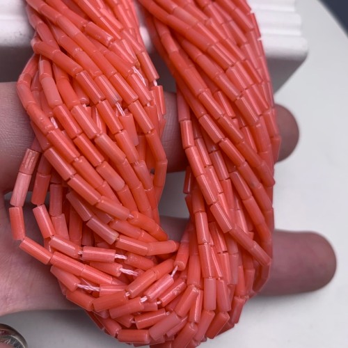 Каменные бусины, Коралл, розовый, тонированный, трубочки, 6х2 мм, длина нити 38 см