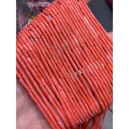 Каменные бусины, Коралл, розовый, тонированный, трубочки, 6х2 мм, длина нити 38 см