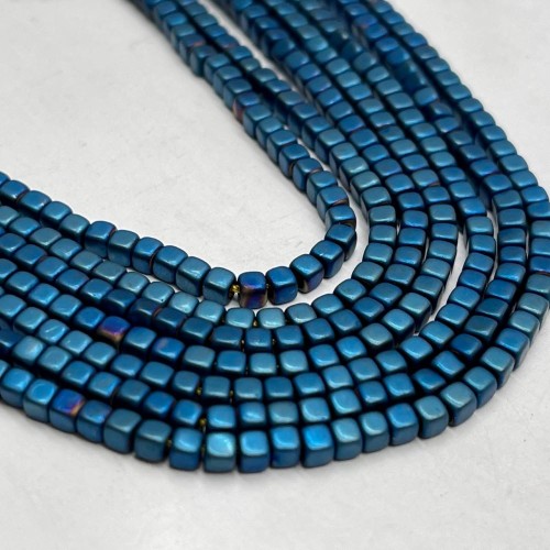 Каменные бусины, Гематит синтетический, синий, матовый, кубик, размер 3х3 мм, нить 38 см