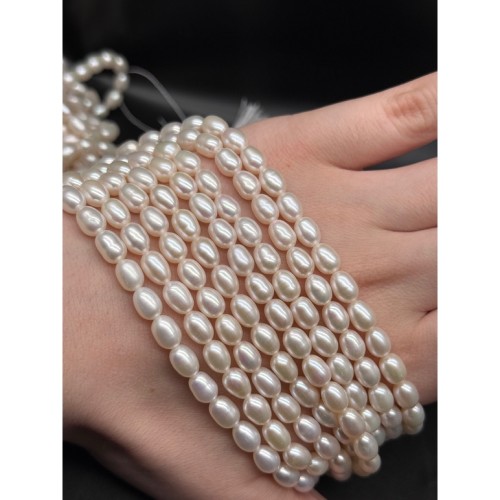 Каменные бусины, Жемчуг, белый, рис, 3А, размер 5-6 мм, длина нити 35 см