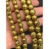 Каменные бусины, Вулканическая лава металлизированная, цвет зеленое золото, 8 мм, длина нити 38 см