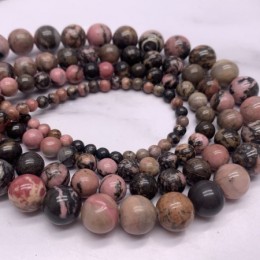 Каменные бусины, Родонит, Дендритовый, шарик гладкий, 12 мм, нить 37 см