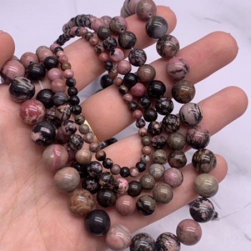 Каменные бусины, Родонит, Дендритовый, шарик гладкий, 12 мм, нить 37 см