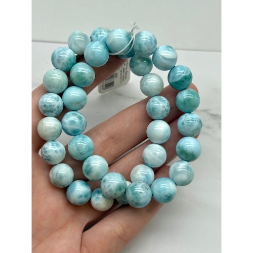 Каменные бусины, Ларимар, люкс, браслет, шарик гладкий, 12 мм, 17 бусин, длина нити 19 см