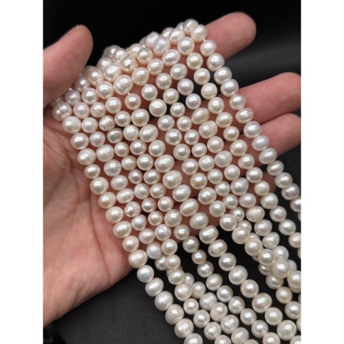 Каменные бусины, Жемчуг, белый, 2А, размер 7-8 мм, длина нити 35-36 см