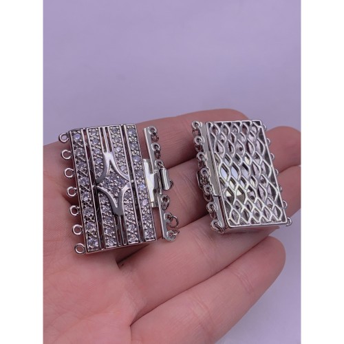 Застёжка, замочек, многорядный, с фианитами, цвет родий, 36х28 мм