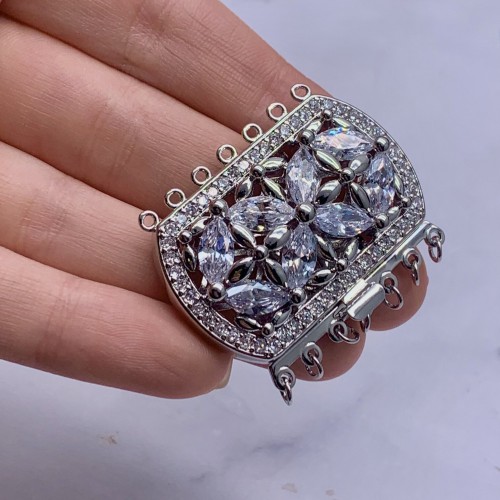 Застёжка, замочек, многорядный, с фианитами, цвет родий, 43х34 мм